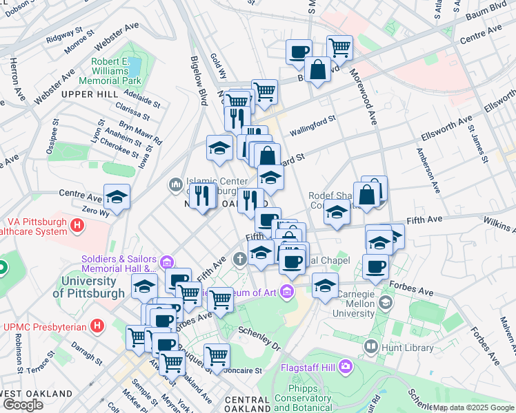 map of restaurants, bars, coffee shops, grocery stores, and more near 144 North Dithridge Street in Pittsburgh