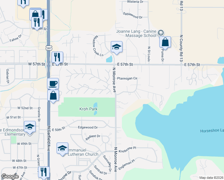 map of restaurants, bars, coffee shops, grocery stores, and more near Iowa Circle in Loveland