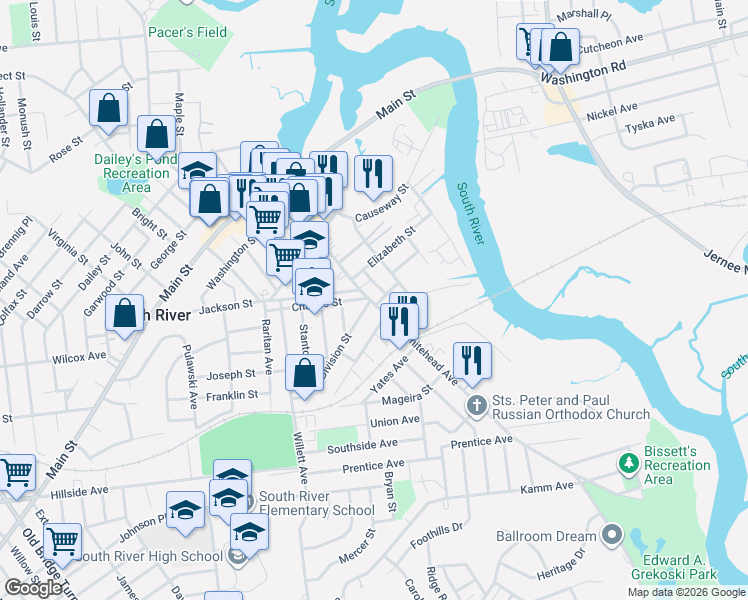 map of restaurants, bars, coffee shops, grocery stores, and more near 157 Whitehead Avenue in South River