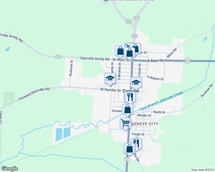 map of restaurants, bars, coffee shops, grocery stores, and more near 205 West Rambo Street in Danville