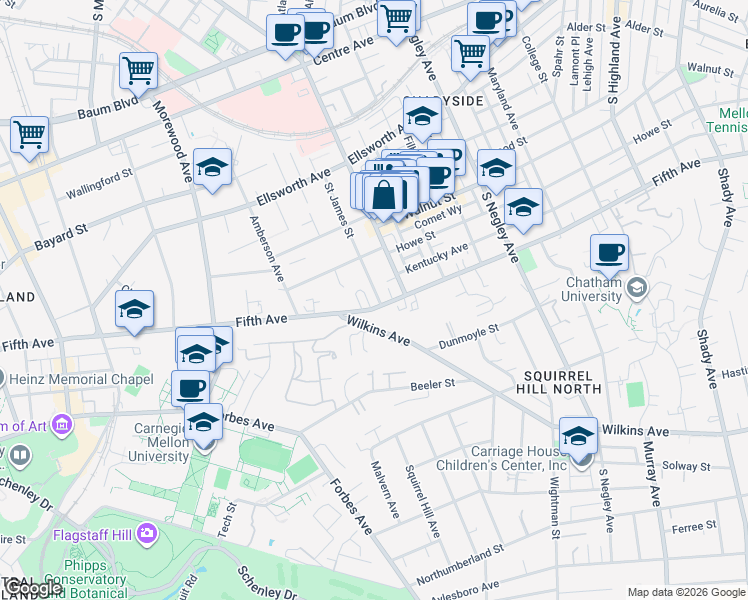 map of restaurants, bars, coffee shops, grocery stores, and more near 5237 Fifth Avenue in Pittsburgh