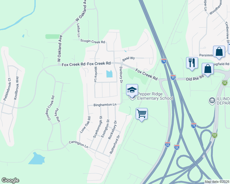 map of restaurants, bars, coffee shops, grocery stores, and more near 2804 Spangle Road in Bloomington