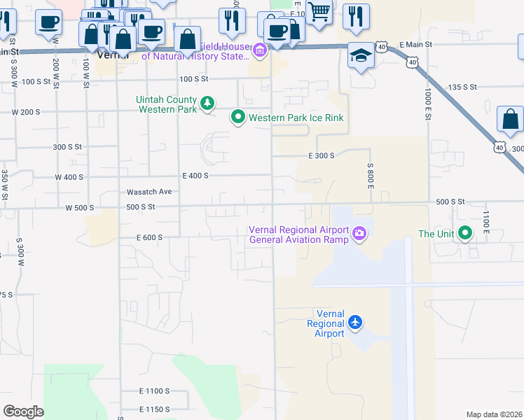 map of restaurants, bars, coffee shops, grocery stores, and more near 480 East 500 South in Vernal