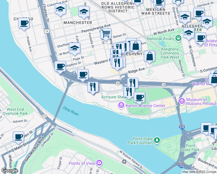 map of restaurants, bars, coffee shops, grocery stores, and more near 1129 Ridge Avenue in Pittsburgh