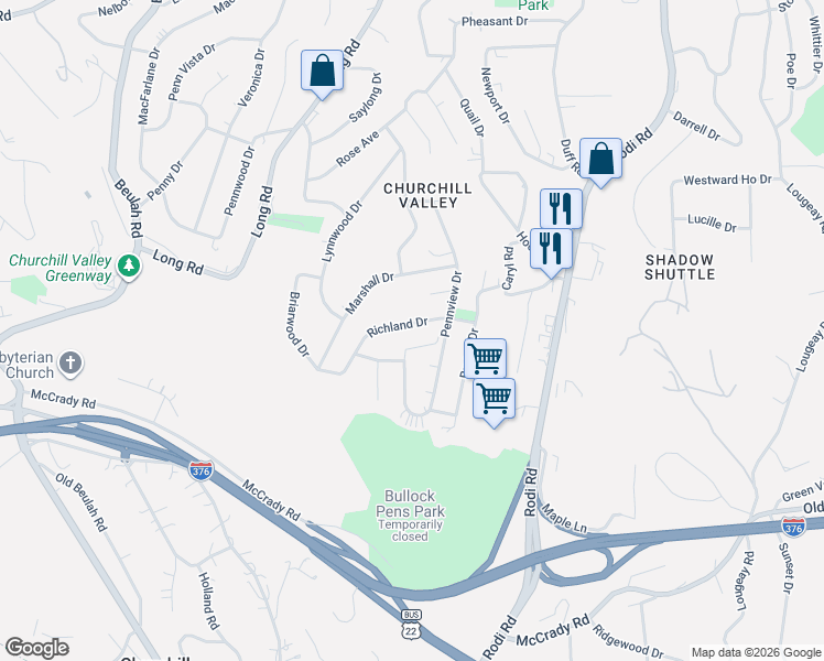 map of restaurants, bars, coffee shops, grocery stores, and more near 263 Richland Drive in Pittsburgh