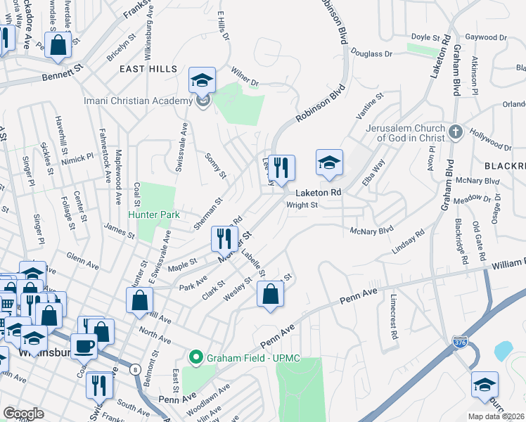 map of restaurants, bars, coffee shops, grocery stores, and more near 1656 Laketon Road in Pittsburgh