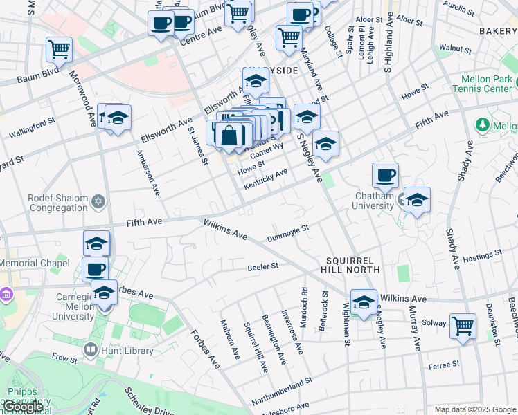 map of restaurants, bars, coffee shops, grocery stores, and more near 5425 Fifth Avenue in Pittsburgh