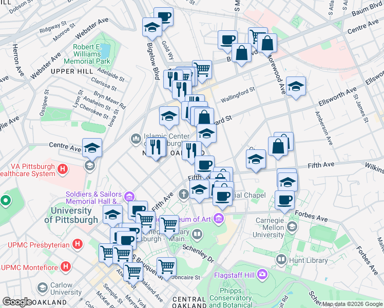 map of restaurants, bars, coffee shops, grocery stores, and more near 200 North Dithridge Street in Pittsburgh