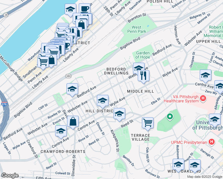 map of restaurants, bars, coffee shops, grocery stores, and more near 2284 Bedford Avenue in Pittsburgh