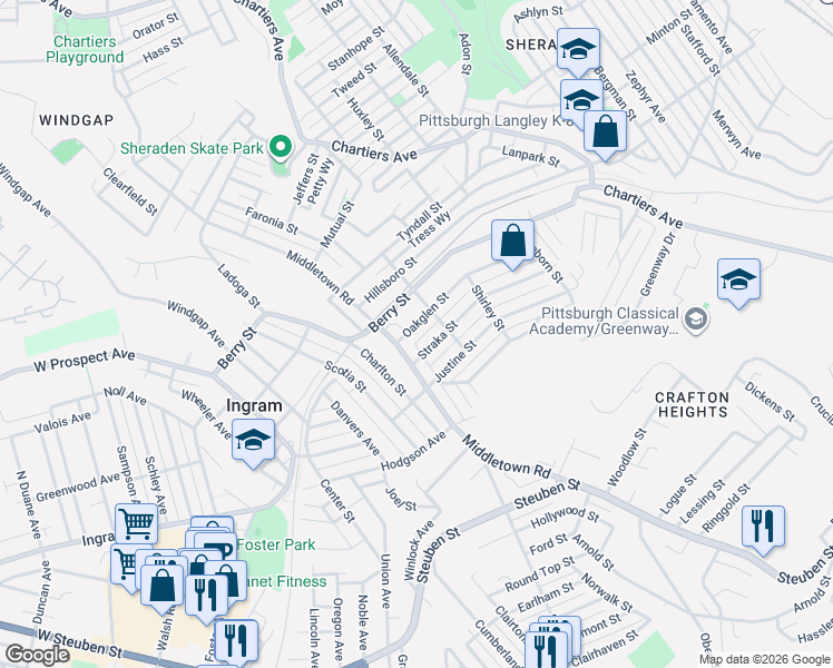 map of restaurants, bars, coffee shops, grocery stores, and more near 2861 Vinton Street in Pittsburgh