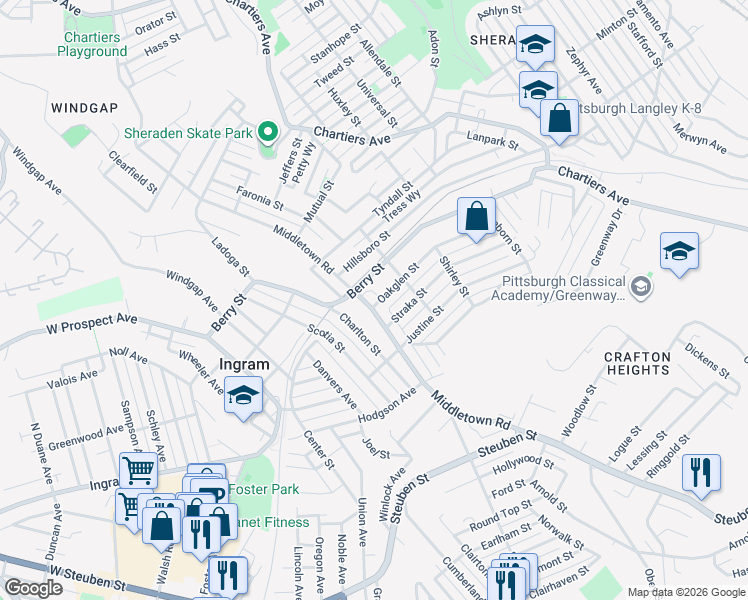 map of restaurants, bars, coffee shops, grocery stores, and more near 1432 West Busway in Pittsburgh