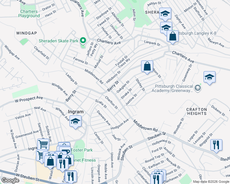 map of restaurants, bars, coffee shops, grocery stores, and more near 1432 West Busway in Pittsburgh