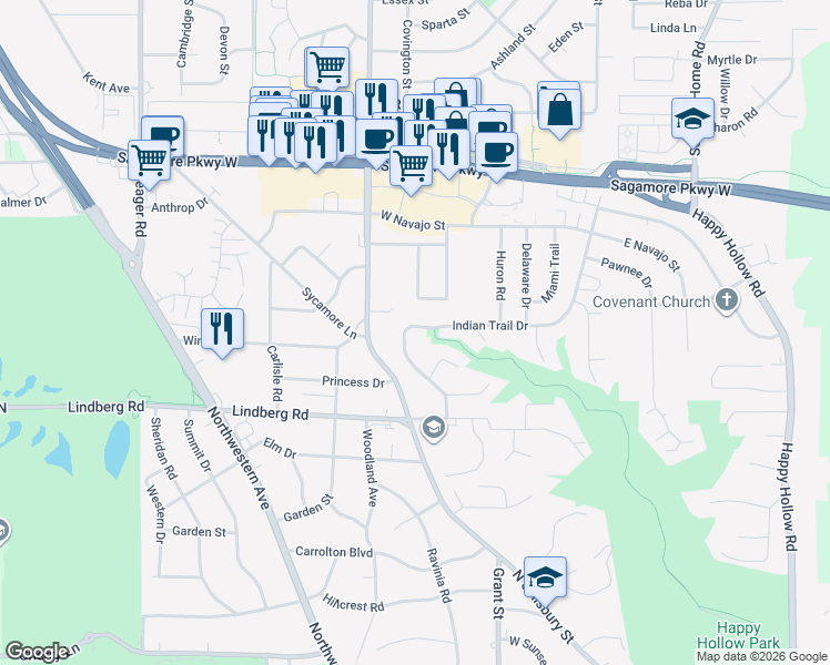 map of restaurants, bars, coffee shops, grocery stores, and more near 2118 N Salisbury St in West Lafayette