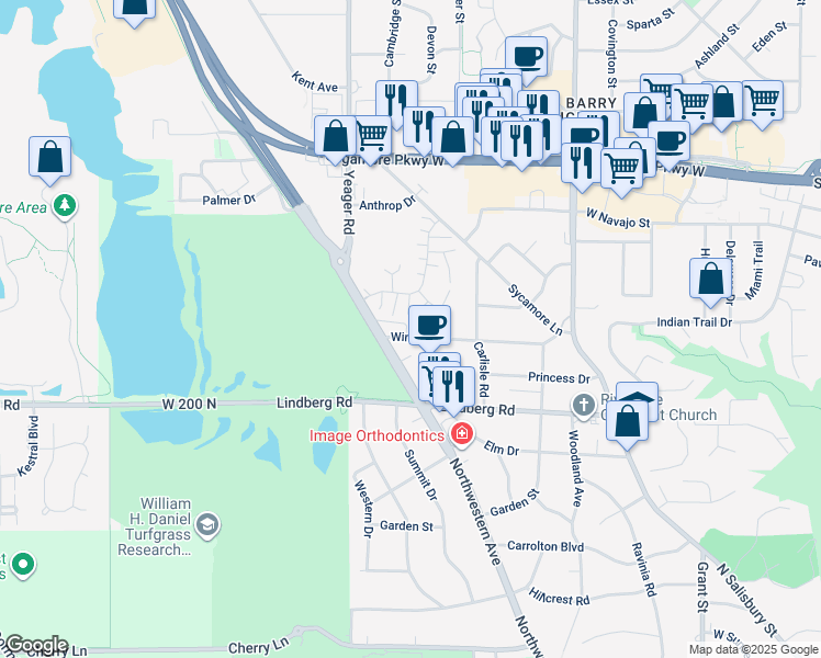 map of restaurants, bars, coffee shops, grocery stores, and more near 606 Trace 6 in West Lafayette
