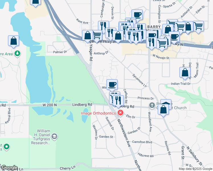 map of restaurants, bars, coffee shops, grocery stores, and more near 606 Trace 6 in West Lafayette