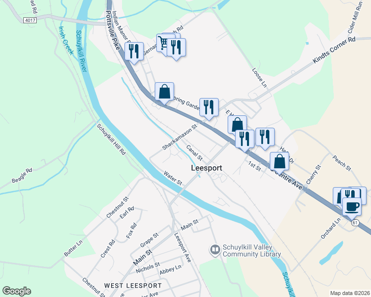 map of restaurants, bars, coffee shops, grocery stores, and more near 57 Canal Street in Leesport