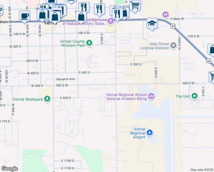 map of restaurants, bars, coffee shops, grocery stores, and more near 422 East 500 South in Vernal
