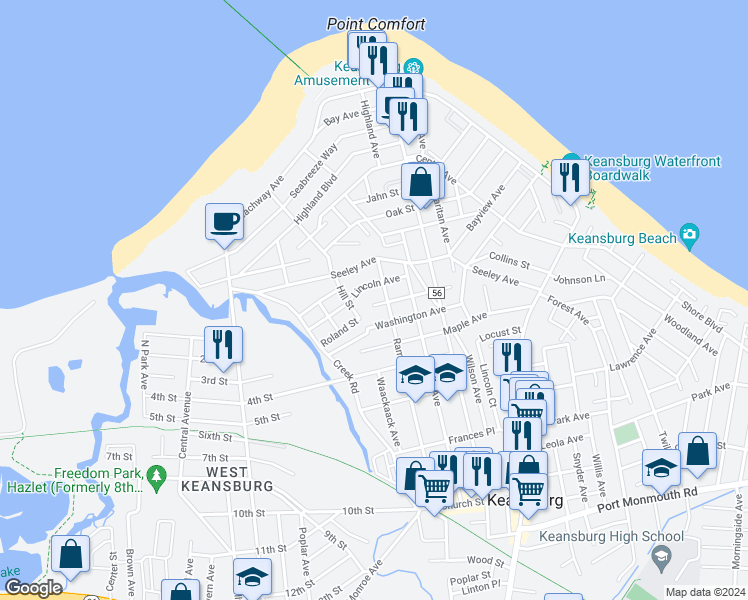 map of restaurants, bars, coffee shops, grocery stores, and more near 49 Garfield Avenue in Keansburg