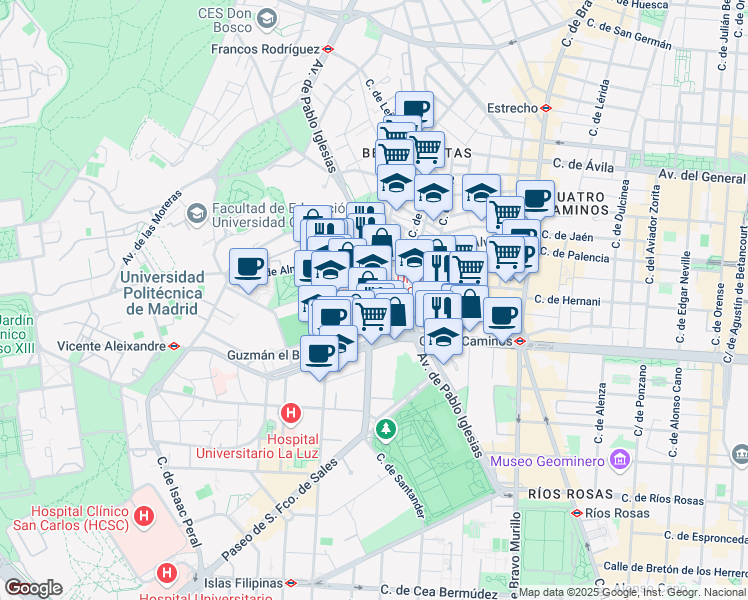 map of restaurants, bars, coffee shops, grocery stores, and more near 5 Calle Vivero in Madrid