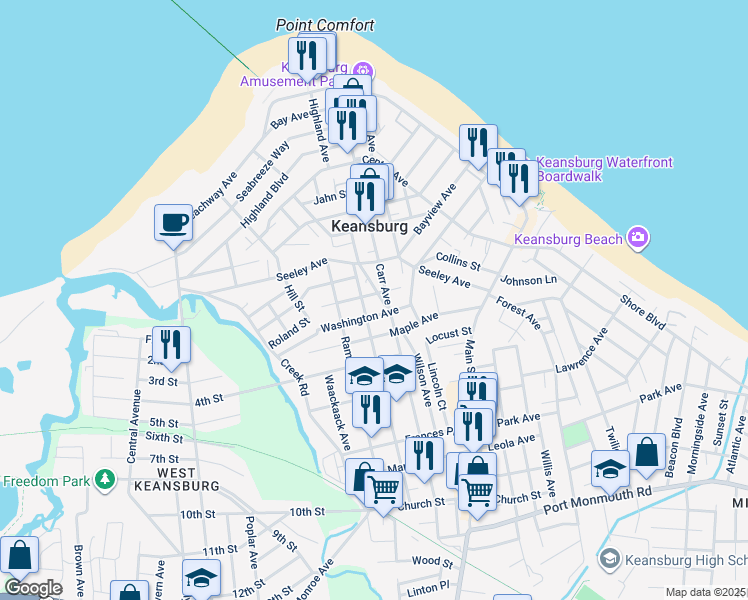 map of restaurants, bars, coffee shops, grocery stores, and more near 5 Circuit Street in Keansburg