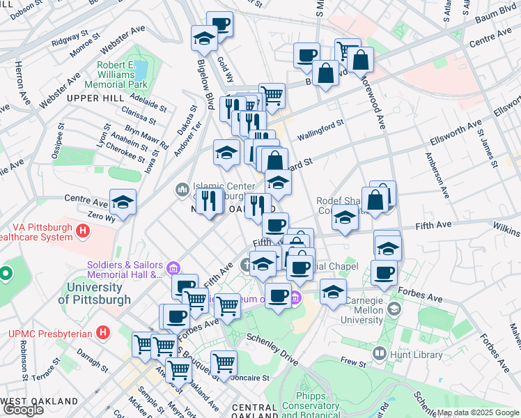 map of restaurants, bars, coffee shops, grocery stores, and more near 200 North Dithridge Street in Pittsburgh