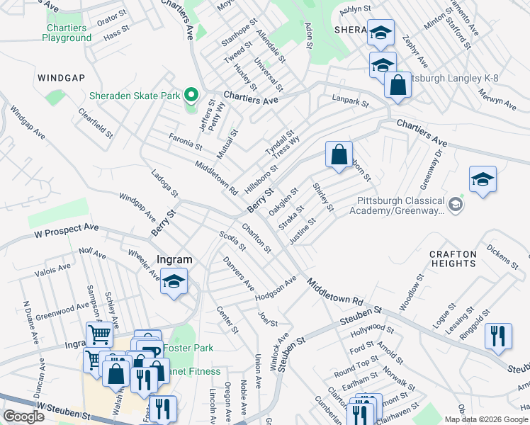 map of restaurants, bars, coffee shops, grocery stores, and more near 1432 West Busway in Pittsburgh