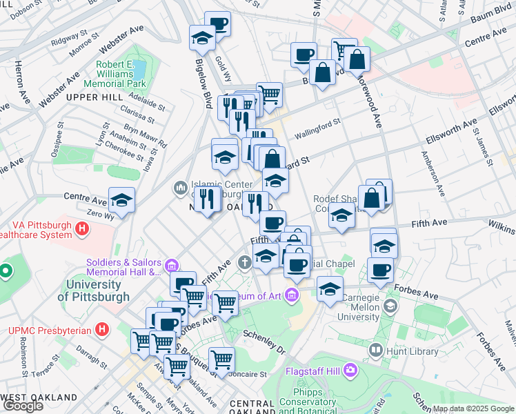 map of restaurants, bars, coffee shops, grocery stores, and more near 200 North Dithridge Street in Pittsburgh