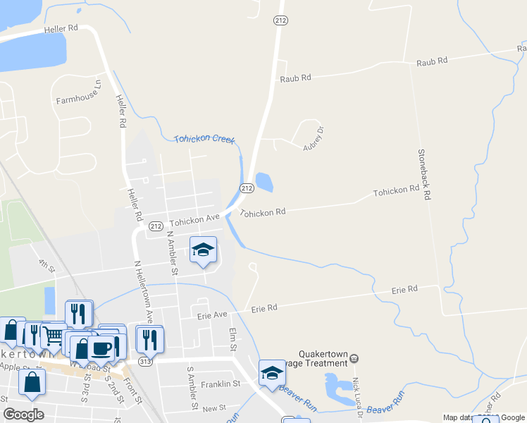 map of restaurants, bars, coffee shops, grocery stores, and more near 54 Tohickon Road in Quakertown