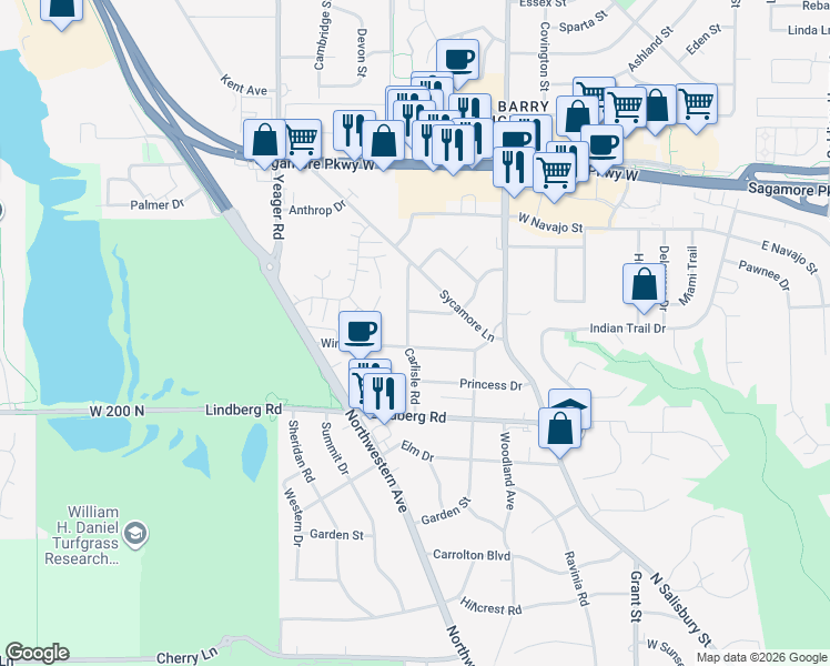 map of restaurants, bars, coffee shops, grocery stores, and more near 2122 Carlisle Road in West Lafayette