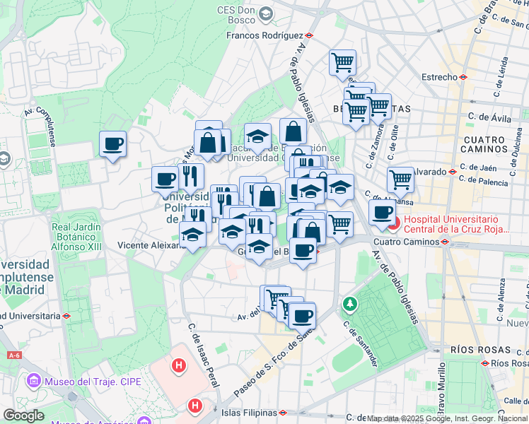 map of restaurants, bars, coffee shops, grocery stores, and more near 14 Calle de Beatriz de Bobadilla in Madrid