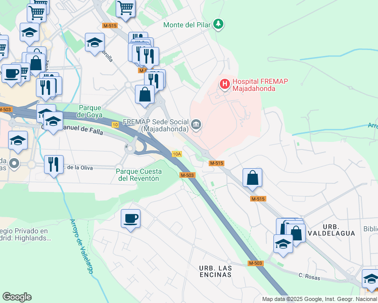map of restaurants, bars, coffee shops, grocery stores, and more near 52 Carretera de Pozuelo in Majadahonda