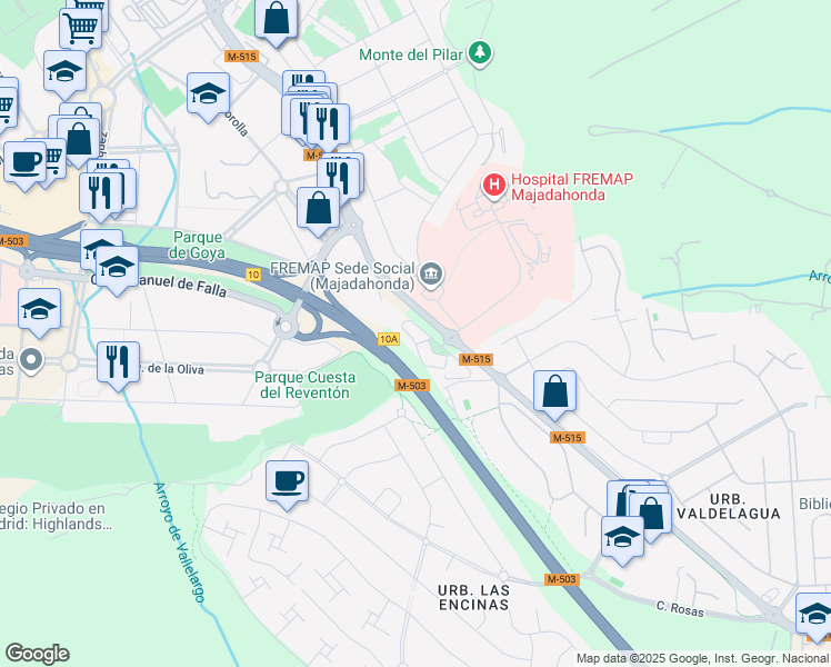 map of restaurants, bars, coffee shops, grocery stores, and more near 52 Carretera de Pozuelo in Majadahonda