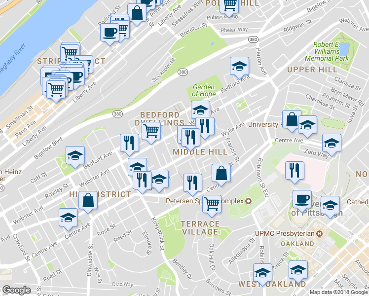 map of restaurants, bars, coffee shops, grocery stores, and more near 0 Jacobus Way in Pittsburgh
