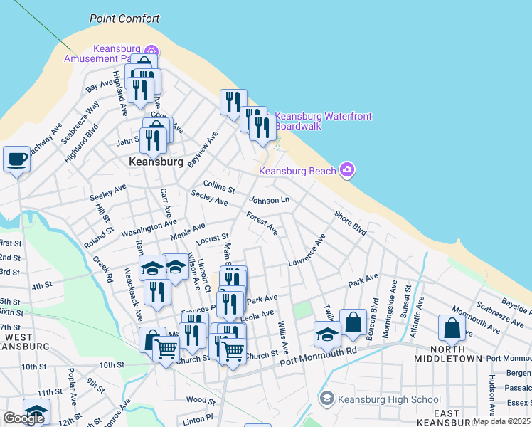 map of restaurants, bars, coffee shops, grocery stores, and more near 48 Johnson Lane in Keansburg