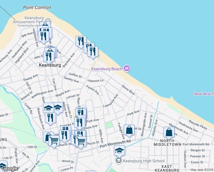 map of restaurants, bars, coffee shops, grocery stores, and more near 24 Twilight Avenue in Keansburg
