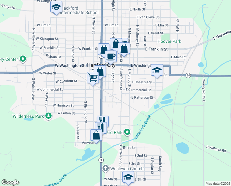 map of restaurants, bars, coffee shops, grocery stores, and more near 315 South High Street in Hartford City