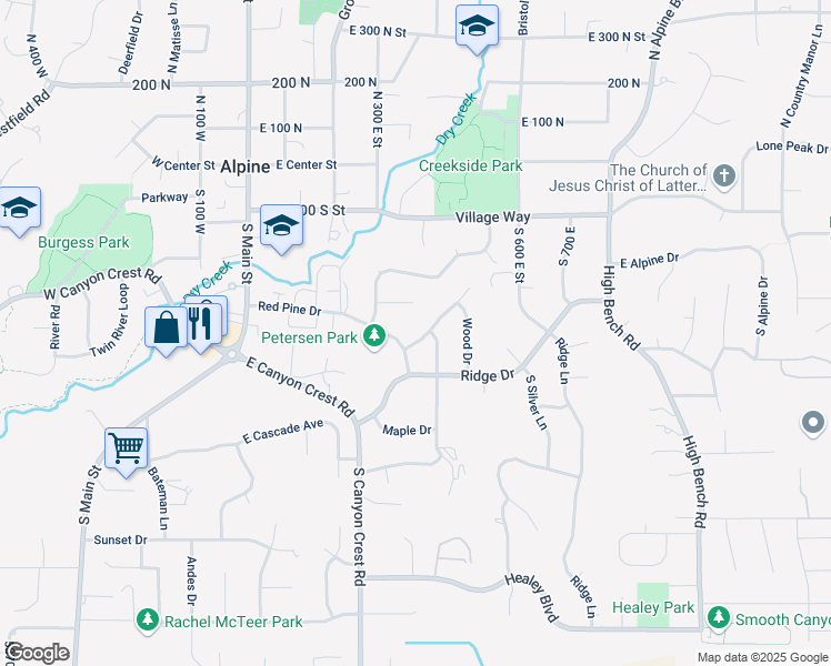 map of restaurants, bars, coffee shops, grocery stores, and more near 415 Silver Leaf Drive in Alpine