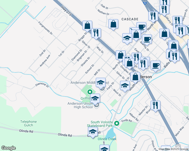 map of restaurants, bars, coffee shops, grocery stores, and more near 1697 Mill Street in Anderson