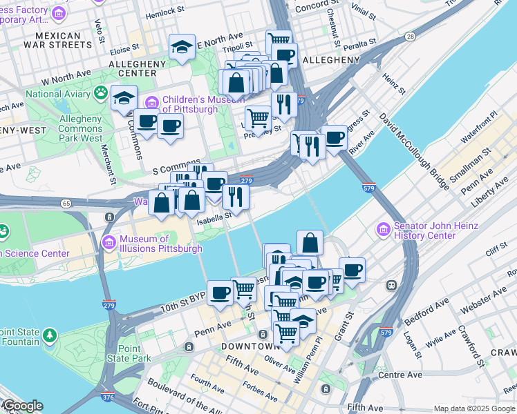 map of restaurants, bars, coffee shops, grocery stores, and more near 100 Anderson Street in Pittsburgh