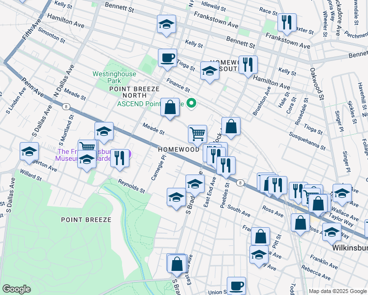 map of restaurants, bars, coffee shops, grocery stores, and more near 7460 Penfield Court in Pittsburgh