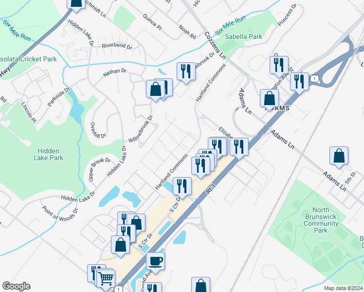 map of restaurants, bars, coffee shops, grocery stores, and more near 61 Brighton Way in North Brunswick Township