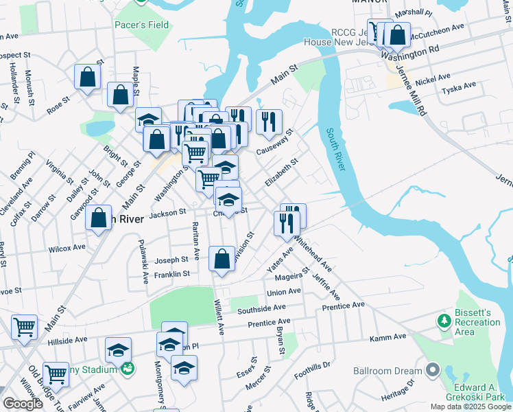 map of restaurants, bars, coffee shops, grocery stores, and more near 2 Elizabeth Street in South River