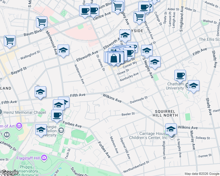 map of restaurants, bars, coffee shops, grocery stores, and more near 926 South Aiken Avenue in Pittsburgh