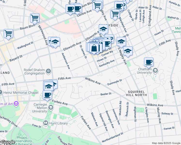 map of restaurants, bars, coffee shops, grocery stores, and more near 5228 Westminster Place in Pittsburgh