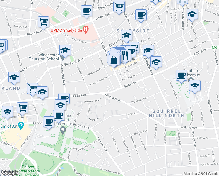 map of restaurants, bars, coffee shops, grocery stores, and more near 5228 Westminster Place in Pittsburgh