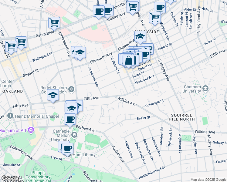 map of restaurants, bars, coffee shops, grocery stores, and more near 5139 Westminster Place in Pittsburgh