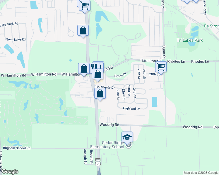 map of restaurants, bars, coffee shops, grocery stores, and more near Southgate Drive in Bloomington