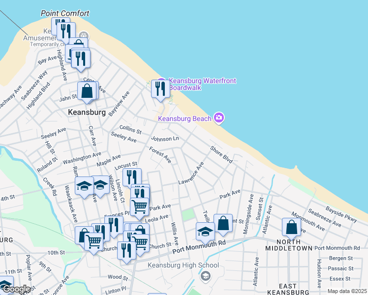 map of restaurants, bars, coffee shops, grocery stores, and more near 24 Twilight Avenue in Keansburg
