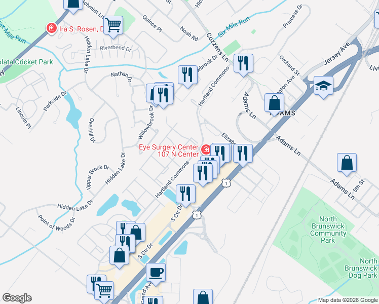 map of restaurants, bars, coffee shops, grocery stores, and more near 68 Clay Street in North Brunswick Township