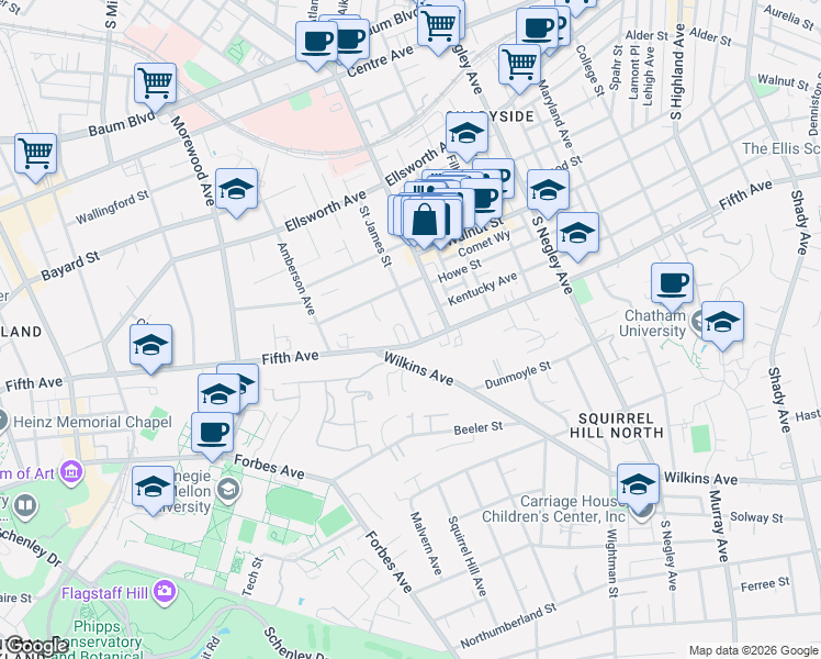 map of restaurants, bars, coffee shops, grocery stores, and more near 926 South Aiken Avenue in Pittsburgh